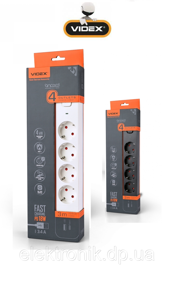 Мережевий подовжувач VIDEX ONCORD з/з 4 гнізда 3м  USB(QC3.0) +TYPE-C(PD18W) з кнопкою White/Black