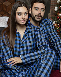 Парна піжама фланелева тепла комплектом сорочка та штани в клітку сині. Фото наживо