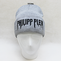 Тёплая шапка лопата филипп плейн (fhilipp plein) серого цвета  ZE00025-1