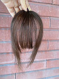 Челка накладна світло-коричнева пряма з імітацією росту волосся на шпильці з натурального волосся, фото 4