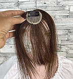 Челка накладна світло-коричнева пряма з імітацією росту волосся на шпильці з натурального волосся, фото 6
