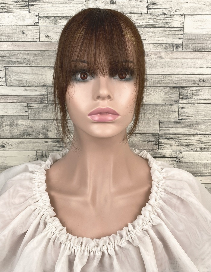 Челка накладна світло-коричнева пряма з імітацією росту волосся на шпильці з натурального волосся, фото 1