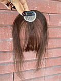 Челка накладна світло-коричнева пряма з імітацією росту волосся на шпильці з натурального волосся, фото 5