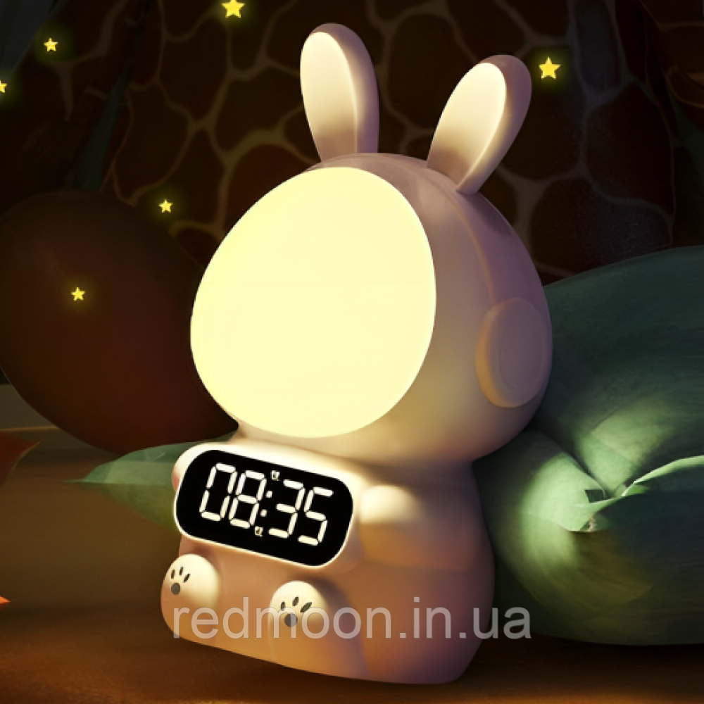 Дитячий годинник з будильником та USB, Кролик Rabbit clock, Білий / Настільний годинник-нічник / Дитячий будильник