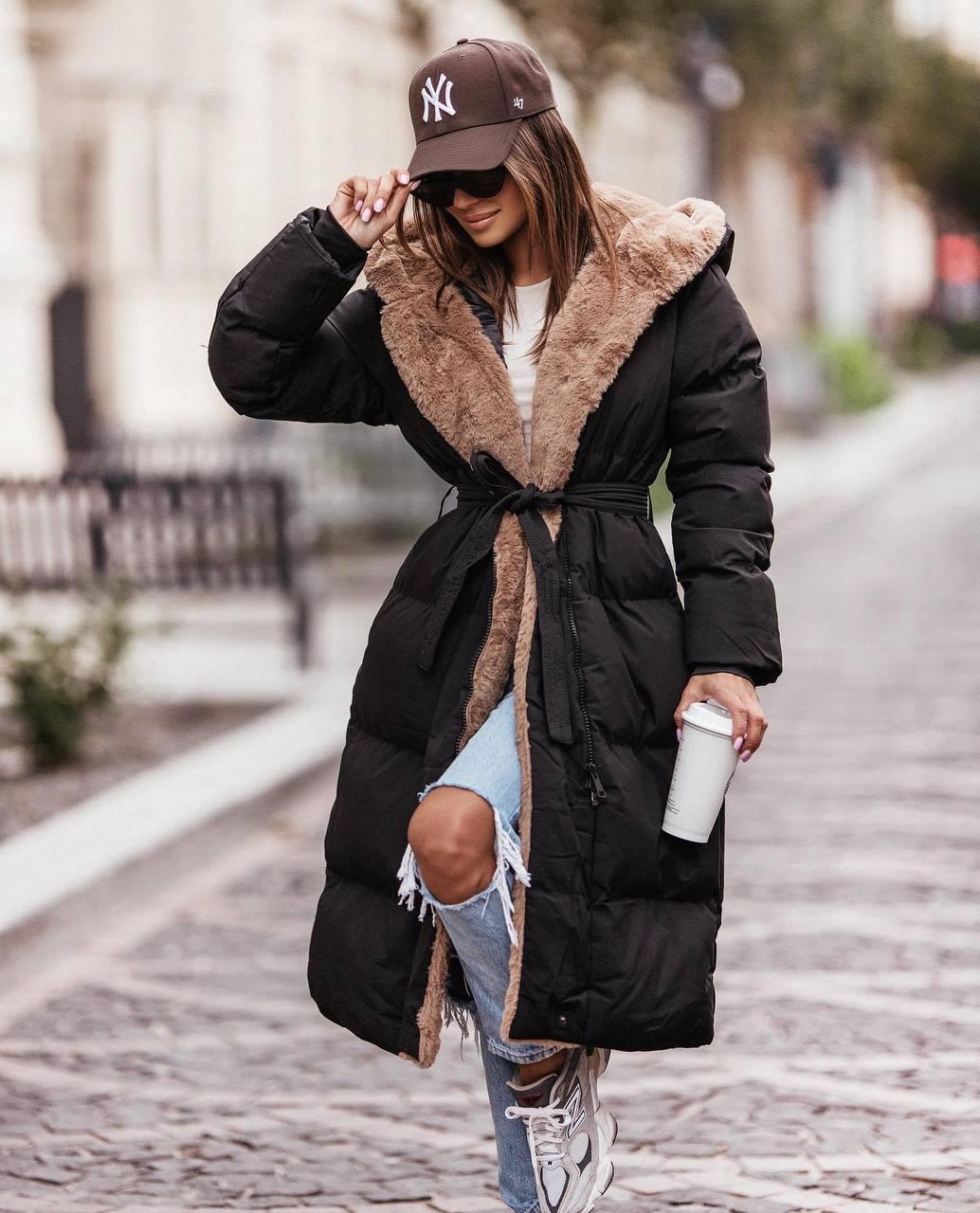Стьобане зимове жіноче довге пальто на блискавці з поясом "Харпер"