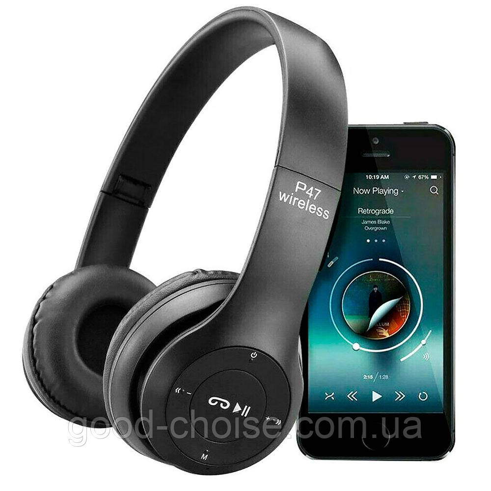 Бездротові Bluetooth навушники з мікрофоном P47, Чорний / Накладні навушники з MP3 плеєром та радіо, фото 1