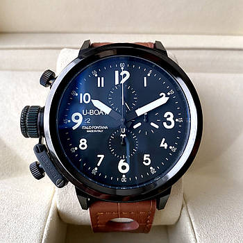Чоловічий наручний годинник U-boat Italo Fontana Black Brown AAA кварцовий з хронографом на шкіряному ремінці