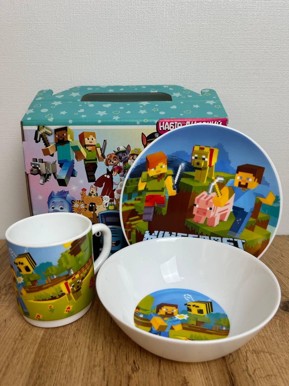 Дитячий склокерамічний набір посуду для годування Minecraft 3 предмети.