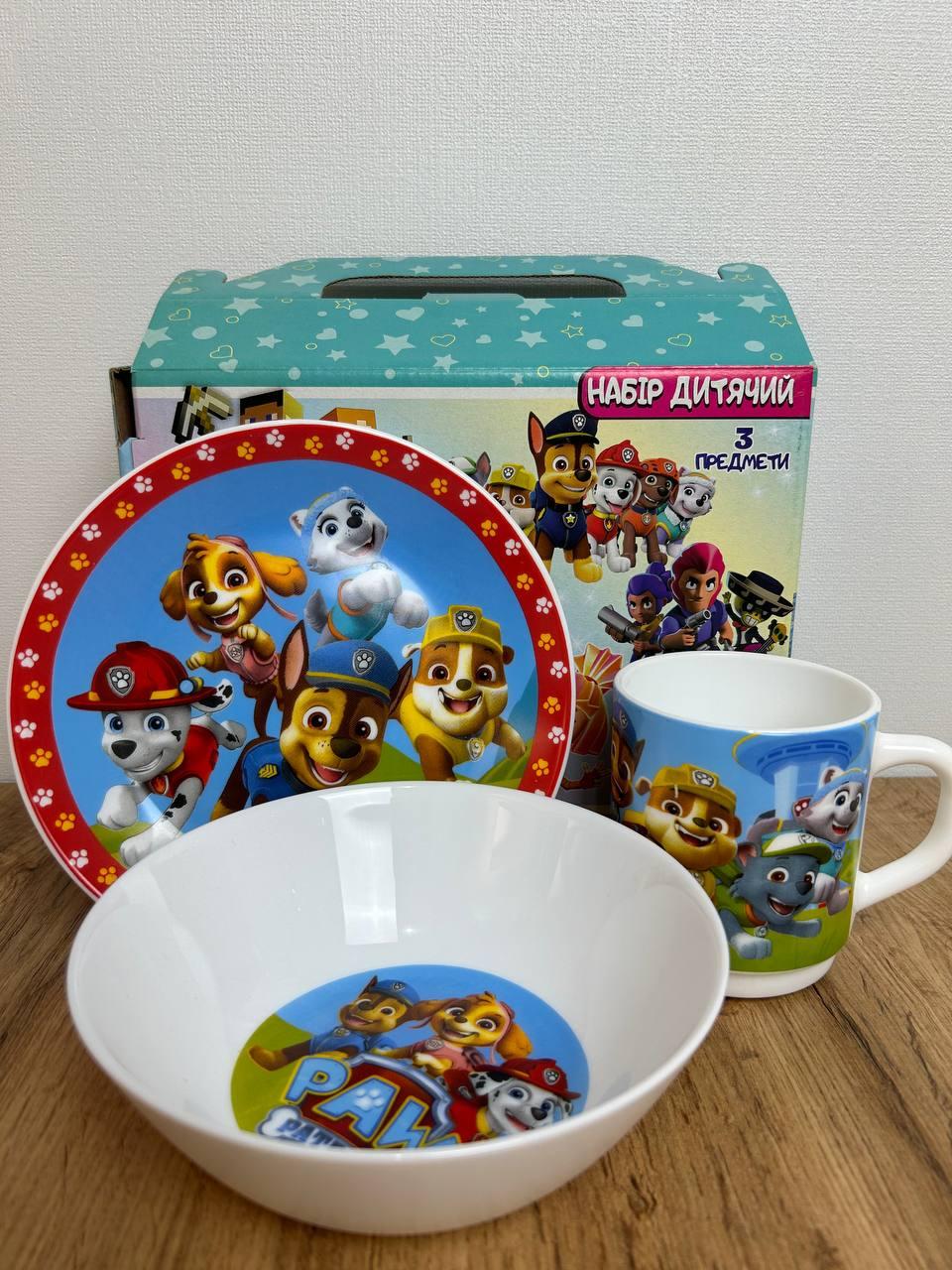 Дитячий склокерамічний набір посуду для годування Щенячий патруль 3 предмети.