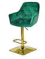 Кресло барное с регулировкой высоты сиденья Cherry Bar 4GD-Base на квадратной золотой опоре Бархат зеленый PH-602