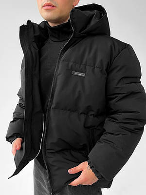 Куртка зимова чоловіча чорна з капюшоном утеплена екопух