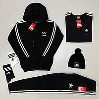 Мужской зимний спортивный костюм Adidas + Футболка + Шапка + Носки черный Комплект Адидас на флисе (B)