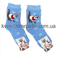 Женские махровые новогодние носки с котиком и снежинками
