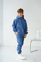 Детский флисовый спортивный костюм зимний синий Комплект оверсайз Худи + Штаны на зиму (B)