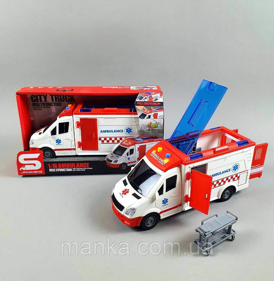 Машинка 345-260 (72) "Швидка допомога", масштаб, 1:18, звук, підсвічування, колесо вільного ходу, в коробці, фото 1