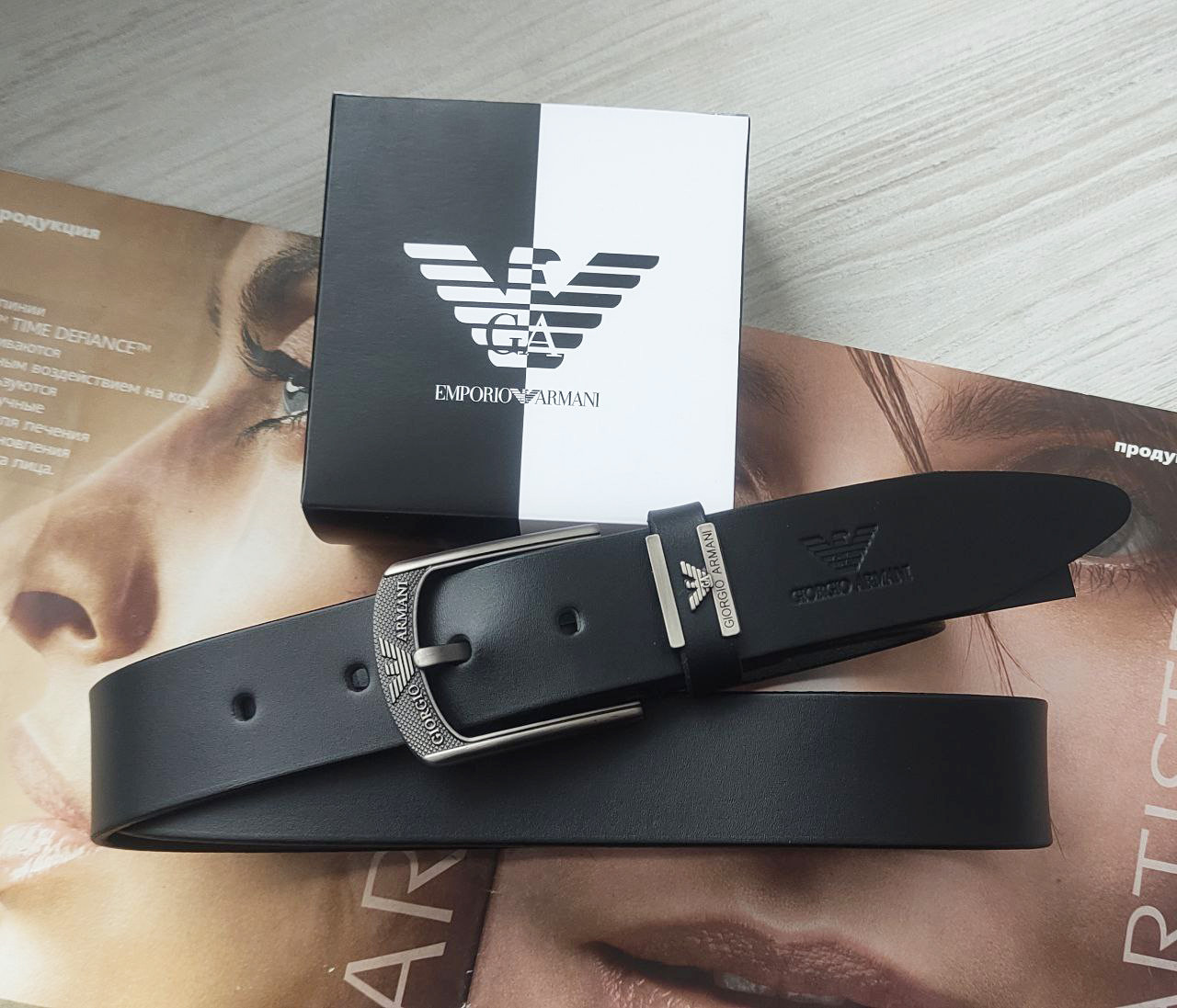 Чоловічий шкіряний ремінь Armani чорний