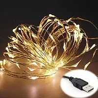 Xmas гирлянд 50 Led 5M на медной проволоке (Капля росы) WW WARM работает от батареек+USB Теплый белый CH