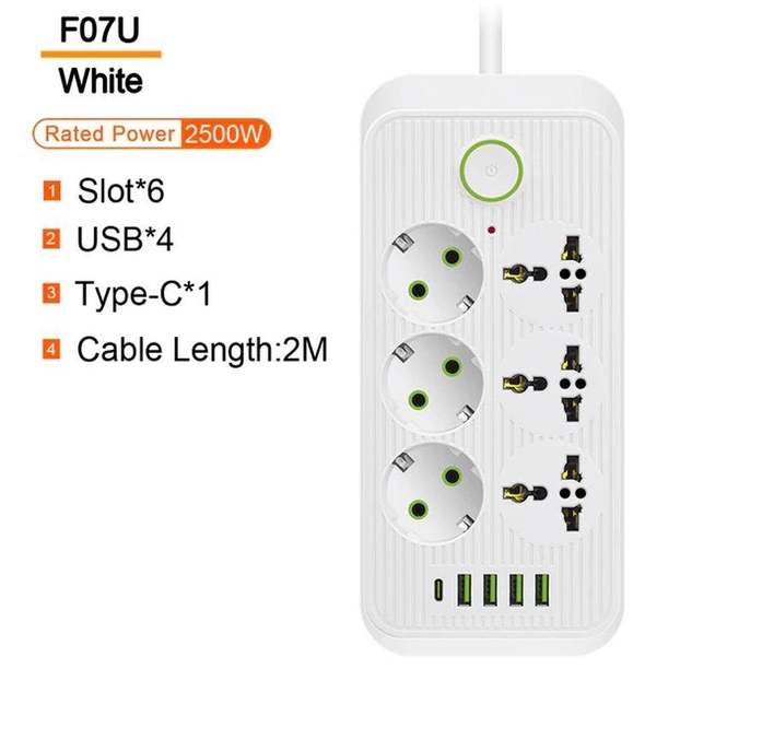 Мережевий фільтр живлення Power Socket F07U 6 розеток 4 USB + 1 Type-C подовжувач 6м