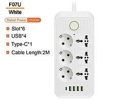 Мережевий фільтр живлення Power Socket F07U 6 розеток 4 USB + 1 Type-C подовжувач 6м