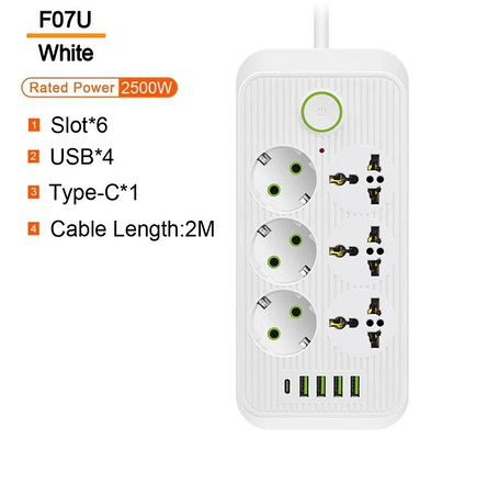 Мережевий фільтр живлення Power Socket F07U 6 розеток 4 USB + 1 Type-C подовжувач 6м, фото 1