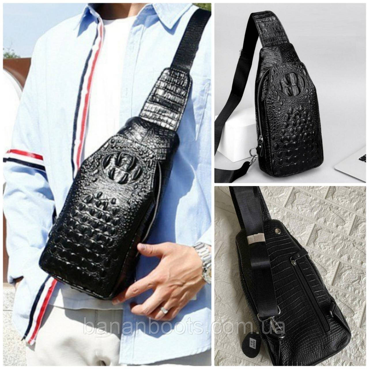 Чорна шкіряна чоловіча барсетка на груди візерунок крокодил , нагрудна сумка месенджер з тисненням рептилія