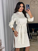 Стильное базовое теплое прямое женское платье с поясом двухсторонняя ангора люкс миди с разрезом на ноге OS 42/46, Молоко