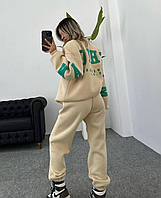 Женский теплый прогулочный костюм батник и штаны джоггеры спортивный костюм трехнитка на флисе 42-48 OS Бежевый