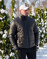 Мужская зимняя кожаная куртка черная без капюшона до -30*С Пуховик кожаный M (B)