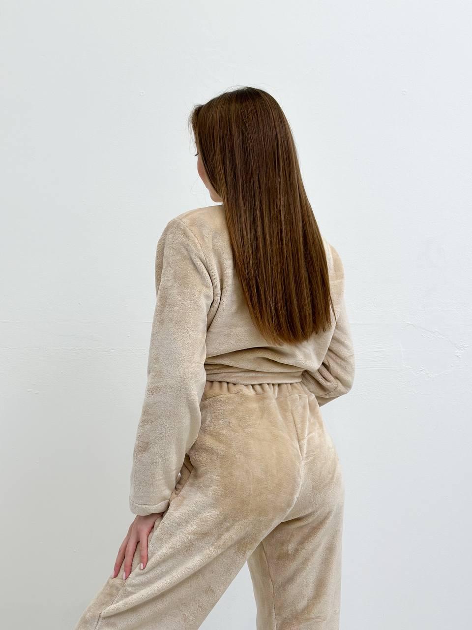 Теплая зимняя женская модная пижама из махры кофта и штаны, пижама на подарок домашний махровый комплект OS 46/48, Бежевый - фото 9 - id-p2045949505