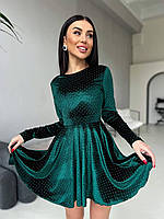 Женское бархатное вечернее романтическое короткое бархатное платье с блестящим напылении длинным рукавом OS 44/46, Изумруд