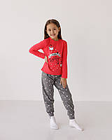 Пижама детская натуральная зимняя для девочки красная, лонгслив и штаны