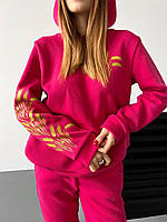 Женский спортивный костюм трехнитка на флисе с 3 д принтом малиновый, 46-48