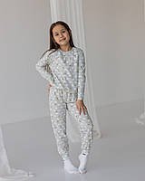 Пижама детская натуральная для девочки серая, лонгслив и штаны