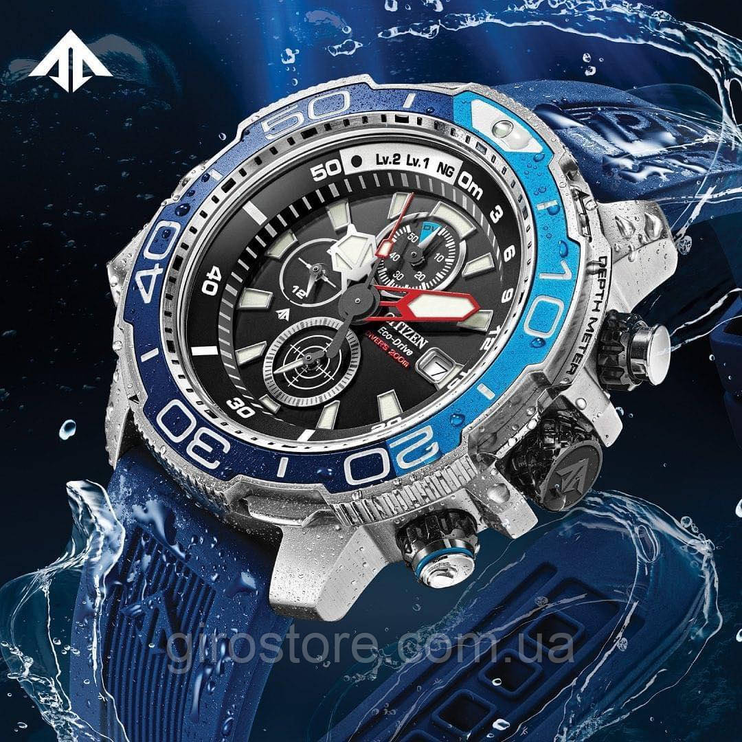 Дайверський 200 м годинник Citizen Promaster Aqualand BJ2169-88E. Сонячна батарея, шкала глибини, хронограф сапфір, фото 1