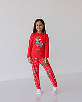 Пижама детская натуральная для девочки красная новогодняя, лонгслив и штаны