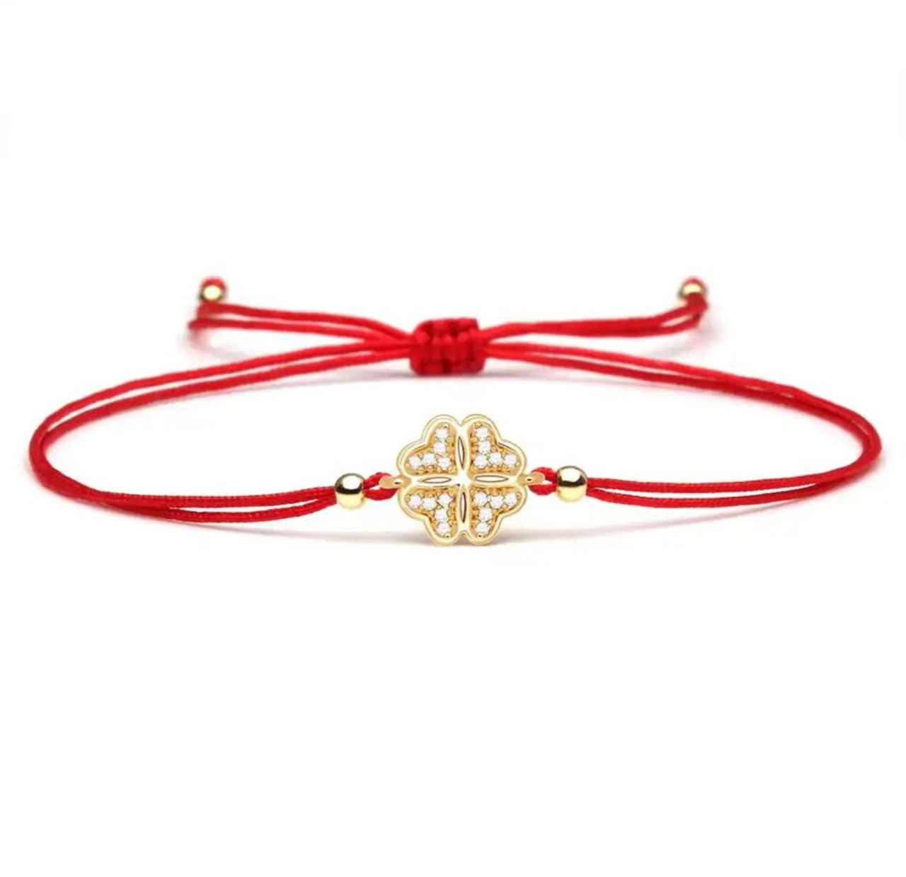 Браслет червона нитка чотирилиста конюшина з цирконієм на велике удачу та гроші, фото 1