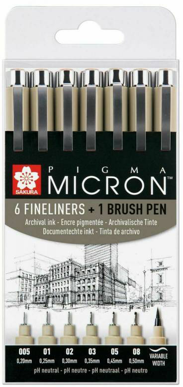 Набір лайнерів 6 штук чорні, Sakura Pigma Micron + Pigma Brush у подарунок
