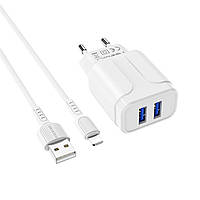 Мережевий зарядний пристрій BOROFONE BA37A Speedy dual port charger(Lightning)  White