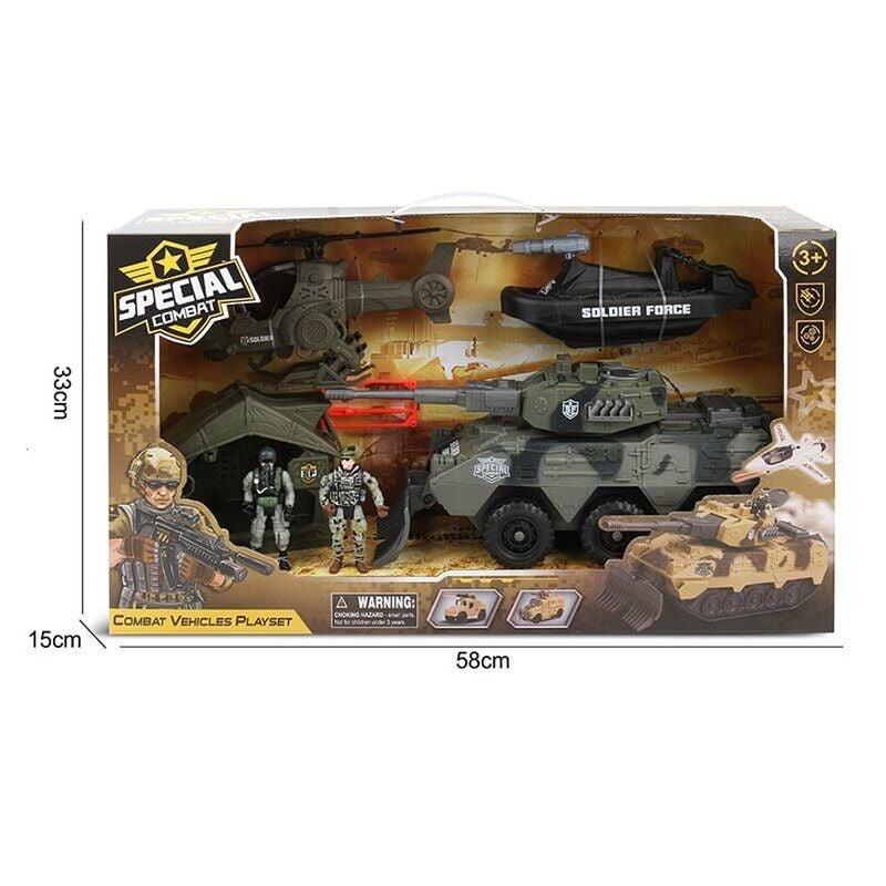 Військовий набір дитячий (вертоліт, танк, моторний човен із запускачем снарядів, 2 фігурки військових) G 3109-59, фото 1