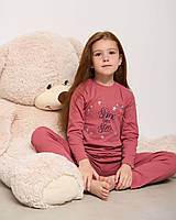 Пижама детская натуральная для девочки бордовая в рубчик, лонгслив и штаны