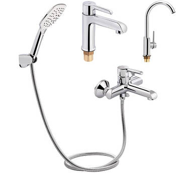 Набір 3 в 1: Змішувач для ванни короткий вилив, пофарбований на умивальник низький і кран для кухні Qtap з латуні хром