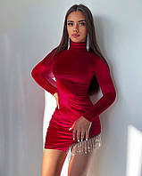 Женское бархатное вечернее романтическое короткое мини бархатное платье с бахромой из страз OS 42/44, Красный