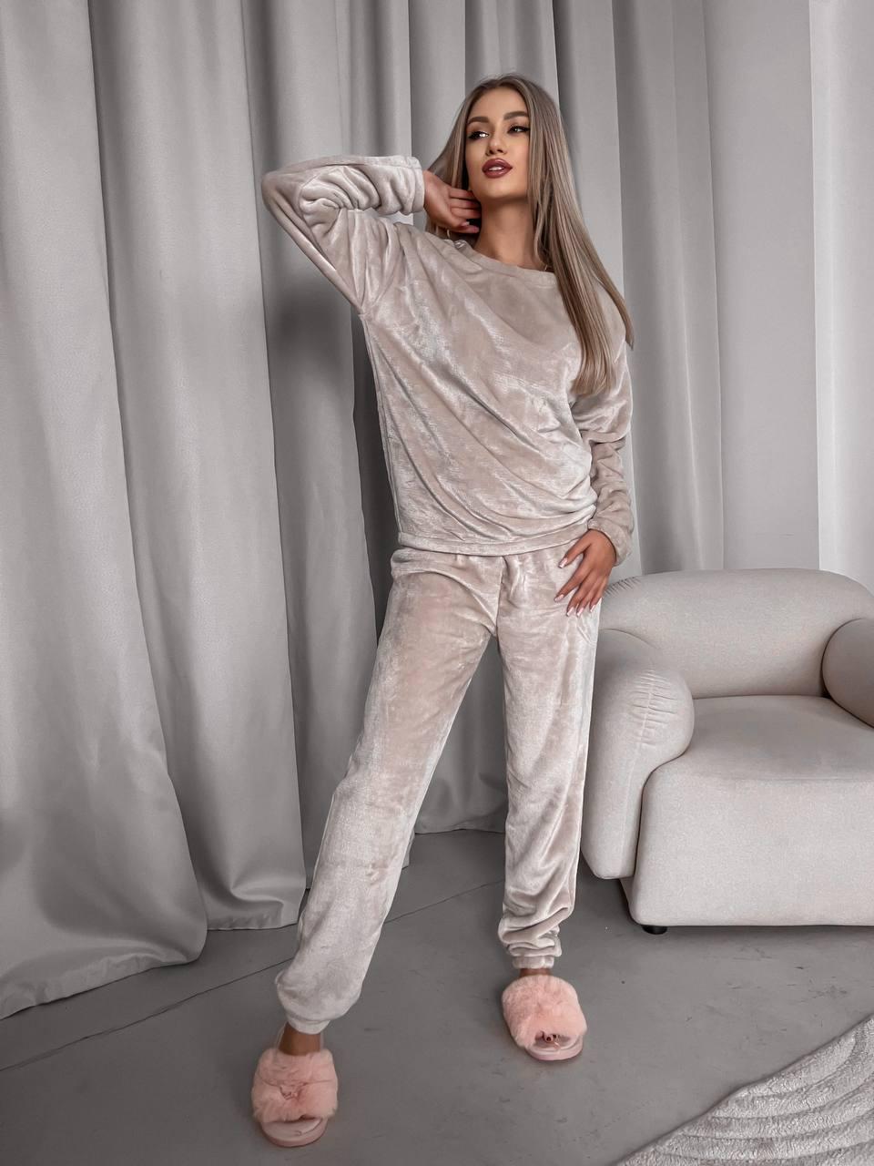 Теплая зимняя женская модная пижама из махры кофта и штаны пижама на подарок домашний махровый комплект OS - фото 3 - id-p2046042044