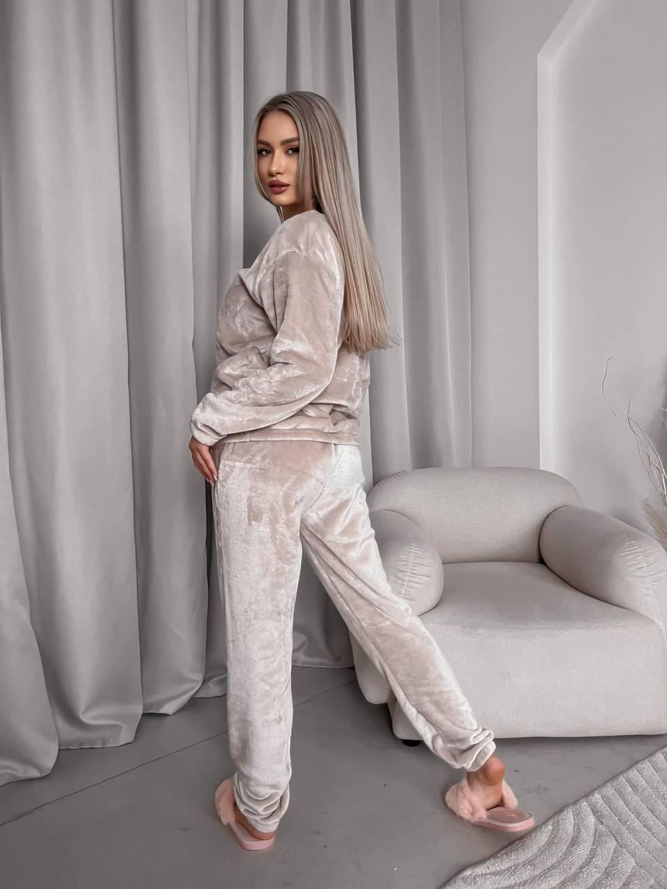 Теплая зимняя женская модная пижама из махры кофта и штаны пижама на подарок домашний махровый комплект OS - фото 4 - id-p2046042044