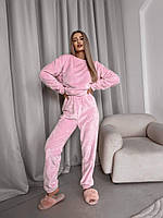 Теплая зимняя женская модная пижама из махры кофта и штаны пижама на подарок домашний махровый комплект OS 46/48, Розовый
