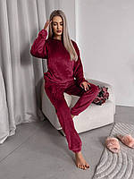 Теплая зимняя женская модная пижама из махры кофта и штаны пижама на подарок домашний махровый комплект OS 42/44, Марсала
