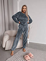 Теплая зимняя женская модная пижама из махры кофта и штаны пижама на подарок домашний махровый комплект OS 42/44, Графит