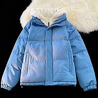 Женская стильная куртка пуховик стеганная легкая зимняя теплая с вшитым меховым капюшоном синтепон 250 OS 42/46, Голубой