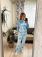 Тепла зимова піжама жіноча з махри кофта і штани піжама на подарунок домашній теплий комплект для сну плюш OS 46/48, Блакитний