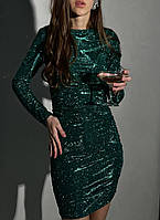 Женское стильное коктейльное мини платье трикотаж глитер Турция с длинным рукавом блестящее новогоднее OS 40/42, Зелёный